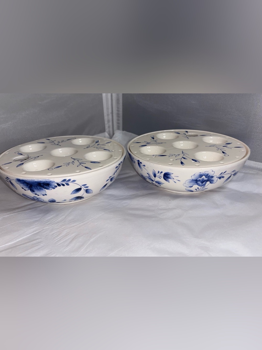 Vintage Lillian Vernon Japan Set of 2 Blue and White Floral Ceramic Flower Frogs